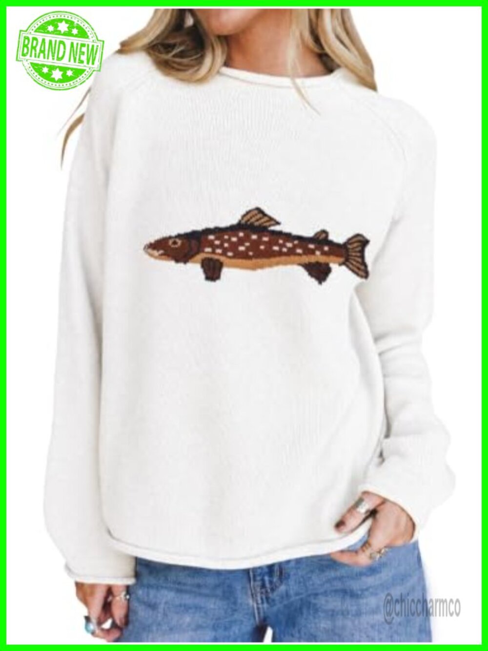 Oversized Fish Graphic Sweater Lightweight Knit Pullover Roll Neck